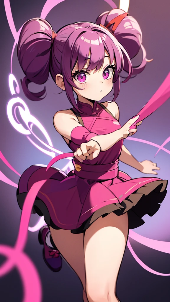 pucca buns, pigtails, pink & purple hair, pink hair, purple hair, red ribbon, big ribbon, pink dress, magic wand, 1 girl, solo 