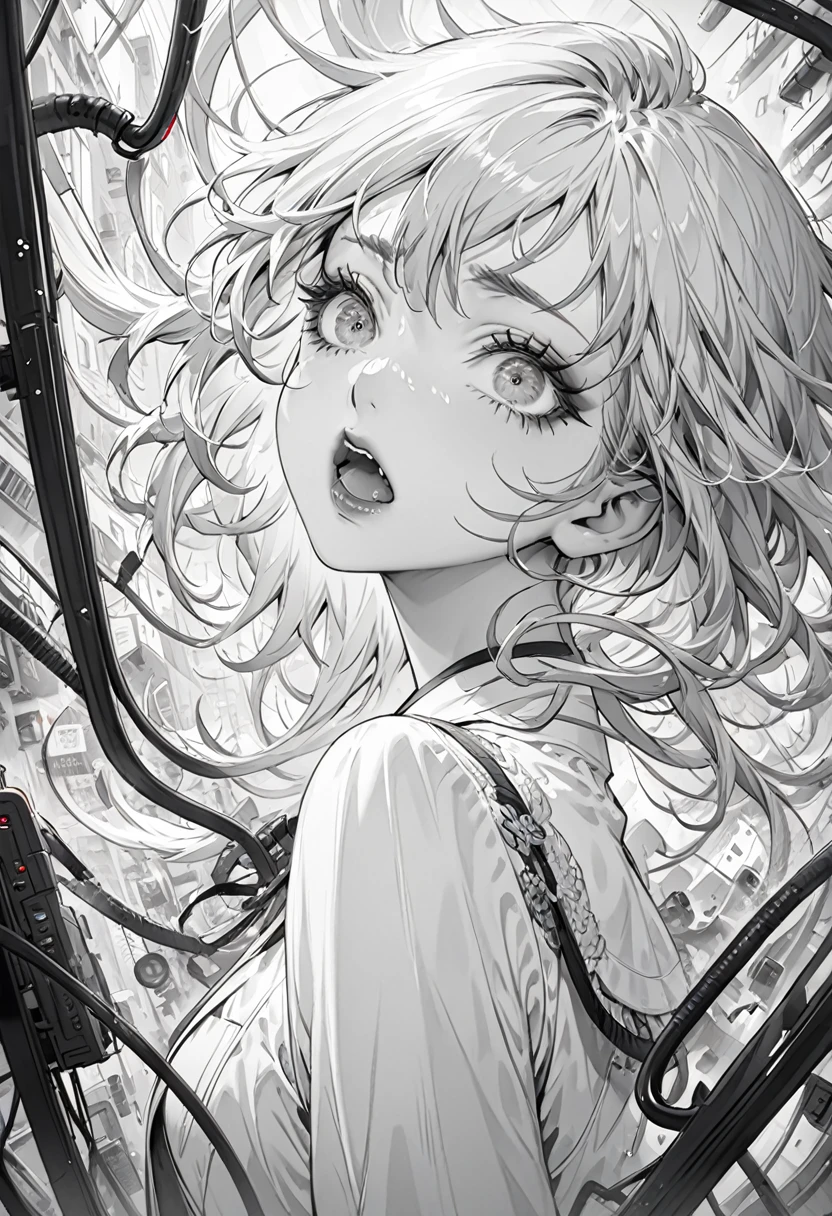 (Highest quality,Very detailed,High resolution:1.2),Beautiful girl screaming in the electronics district，Dilated grey eyes，very_Long eyelashes, Detailed lips, Cool look, Soft Skin, ,Exquisite makeup,monochrome