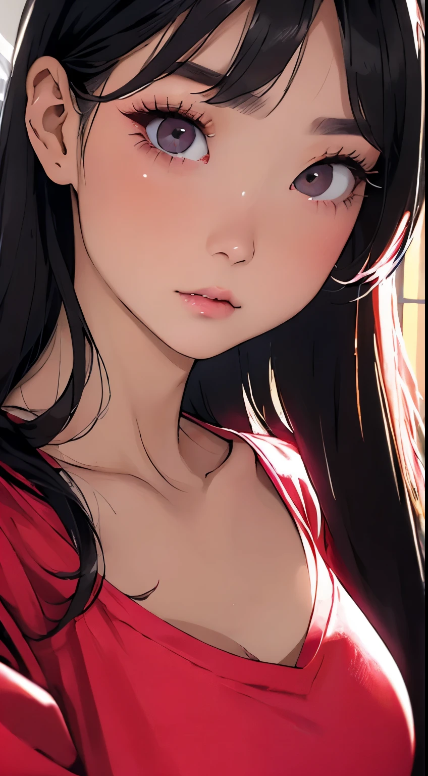 Beautiful and attractive Asian woman、Half-body photo、Delicate and sexy collarbone、Attractive oval face、double eyelid、bright peach-colored eyes、Pink Lips、Small Nose、Large Breasts、Face close-up、Black Hair、Twin tails、Ultra-high resolution、Super detailed、Extreme close-up、Red Shirt、cry