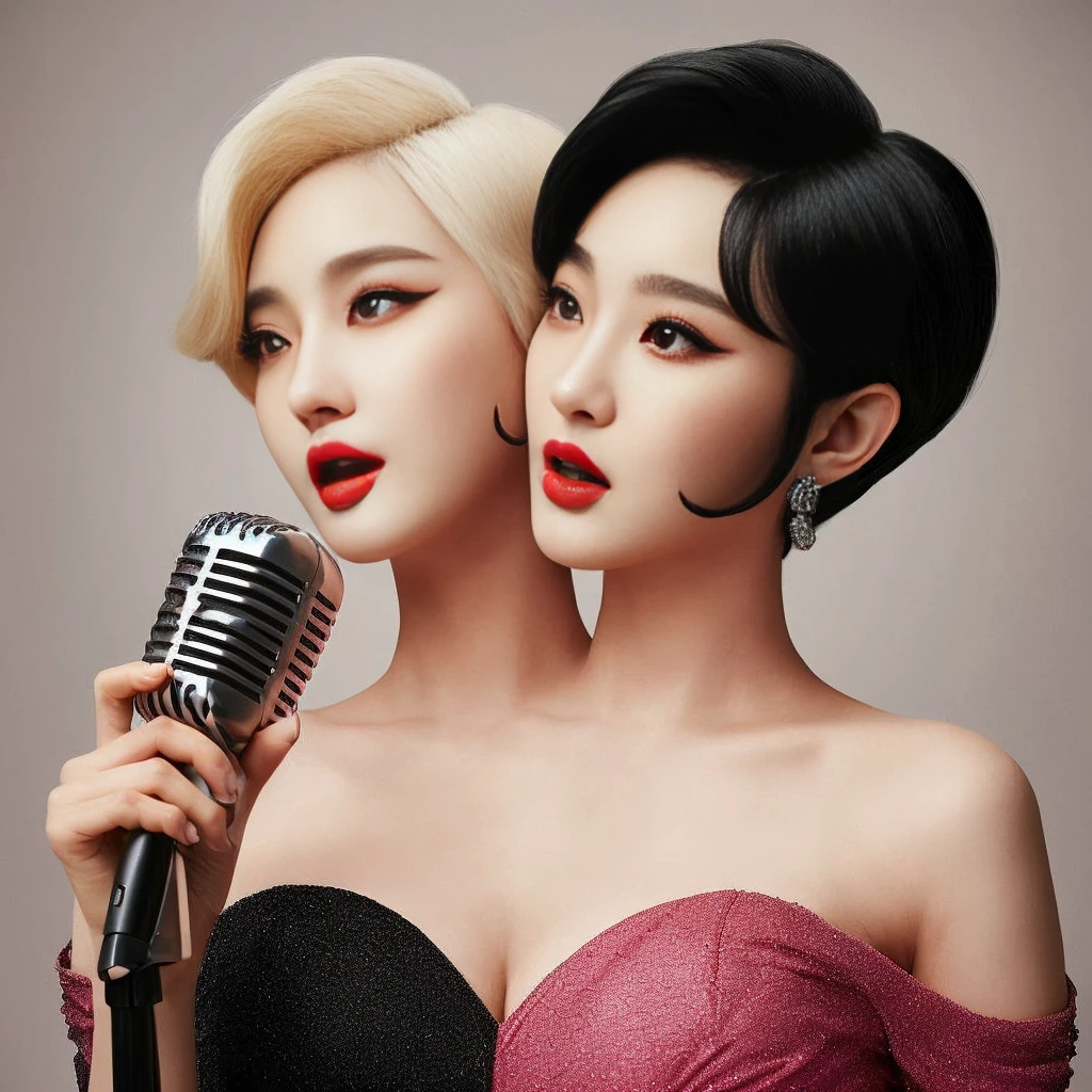 2heads, best resolution, korean woman with two heads, lipstick, black hair , blonde hair, microphone, diva dress