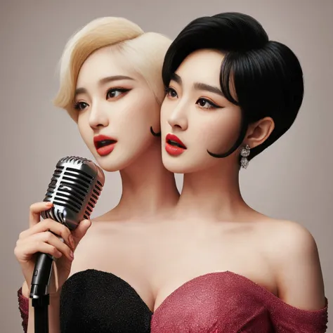 2heads, best resolution, korean woman with two heads, lipstick, black hair , blonde hair, microphone, diva dress