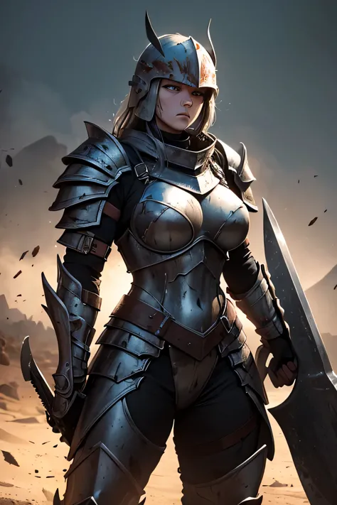 a muscular female heavy-armored warrior in scratched and blood-splattered plate armor, full helmet covered in dirt, wielding a m...