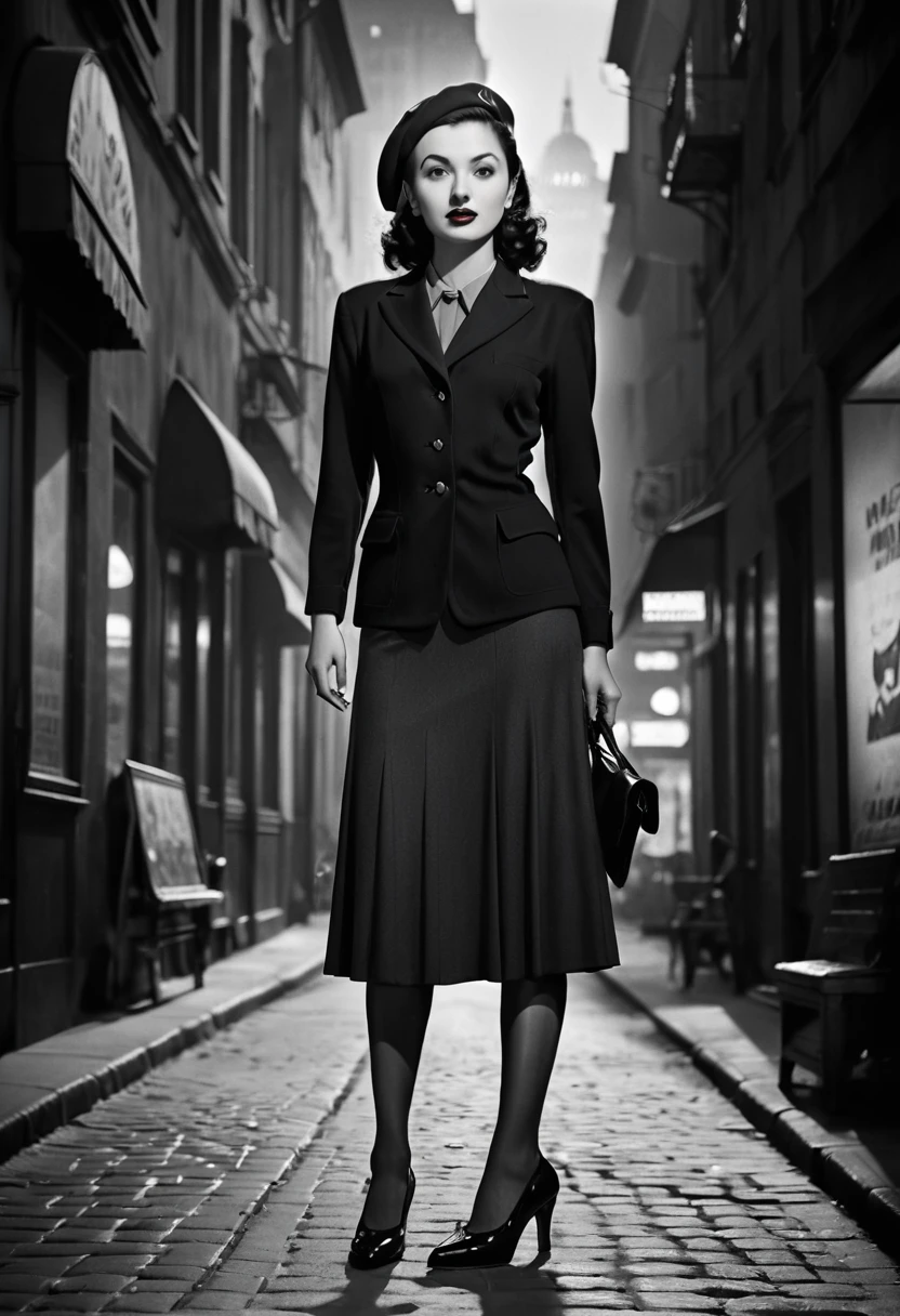 filmnoir1944, 1940s style,(monochrome).(rule of thirds),((hyper-realistic illustration:1.4)) Beautiful 27 yo woman, brunette, 1940s fashion, mascara, lipstick, slim. beret, blazer, blouse, long skirt, pantyhose, high heels. dark mood, single light source, wide angle shot, dark city, film grain. Masterpiece, best quality(highly detailed:1.2),(detailed face and eyes:1.2), depth of field, 8k wallpaper, natural lighting, core shadows, high contrast, bokeh.