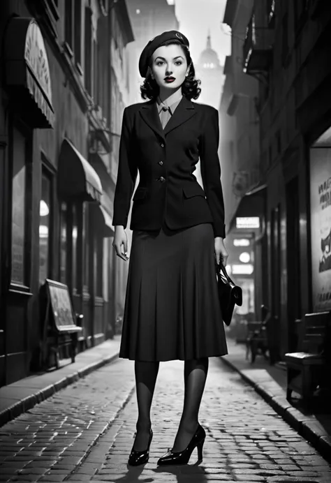 filmnoir1944, 1940s style,(monochrome).(rule of thirds),((hyper-realistic illustration:1.4)) beautiful 27 yo woman, brunette, 19...