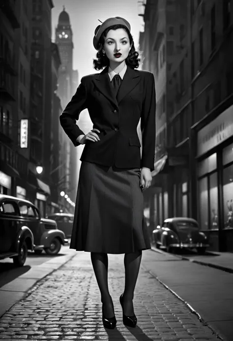 filmnoir1944, 1940s style,(monochrome).(rule of thirds),((hyper-realistic illustration:1.4)) beautiful 27 yo woman, brunette, 19...