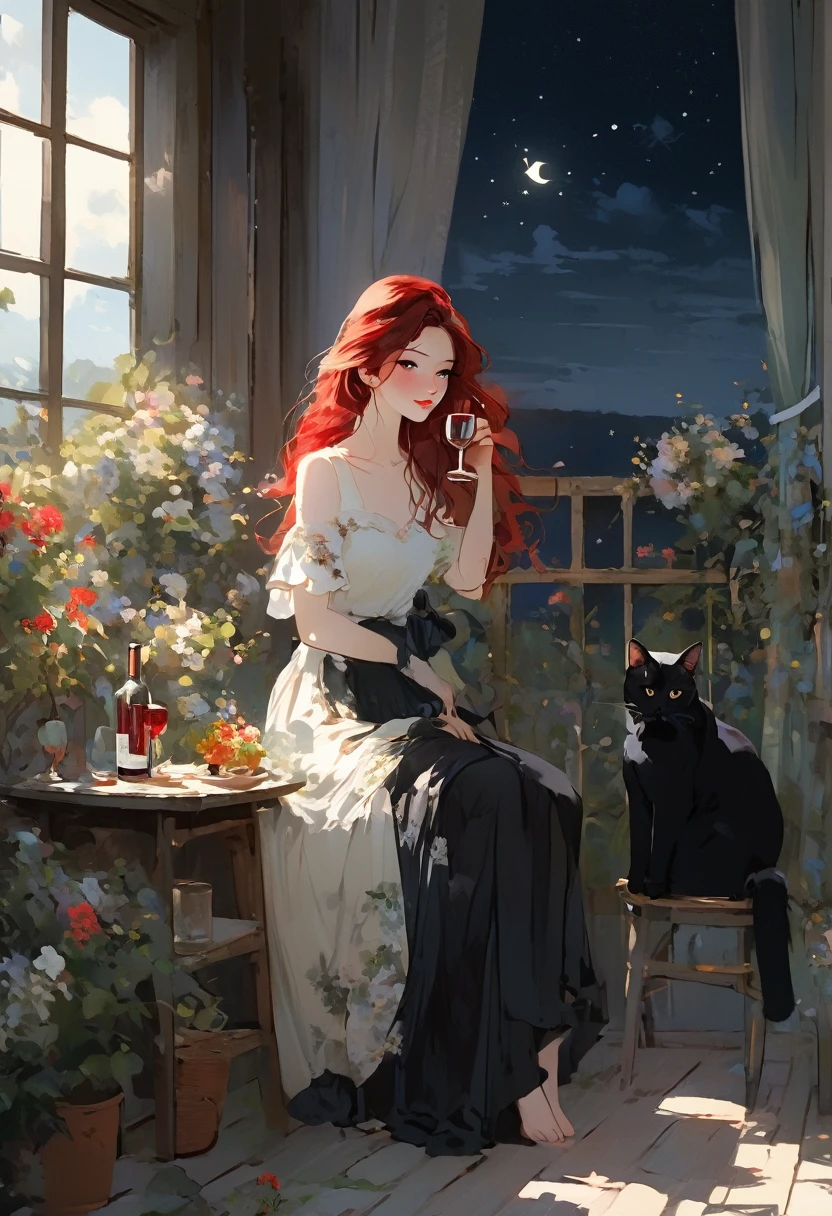 beautiful woman, (((full body))), ((background outdoor house)), (best quality), 1girl, solo A room with glass windows, curtains, a young woman with long black hair, red hair , White eyes with red pupils stare at sky, sitting on a chair, She is sitting and drink wild in front of the house., There are flowers, flower pots, a table, a wine glass, a wine bottle, a lamp, a black cat, Outside the window, there is a dark sky and stars.