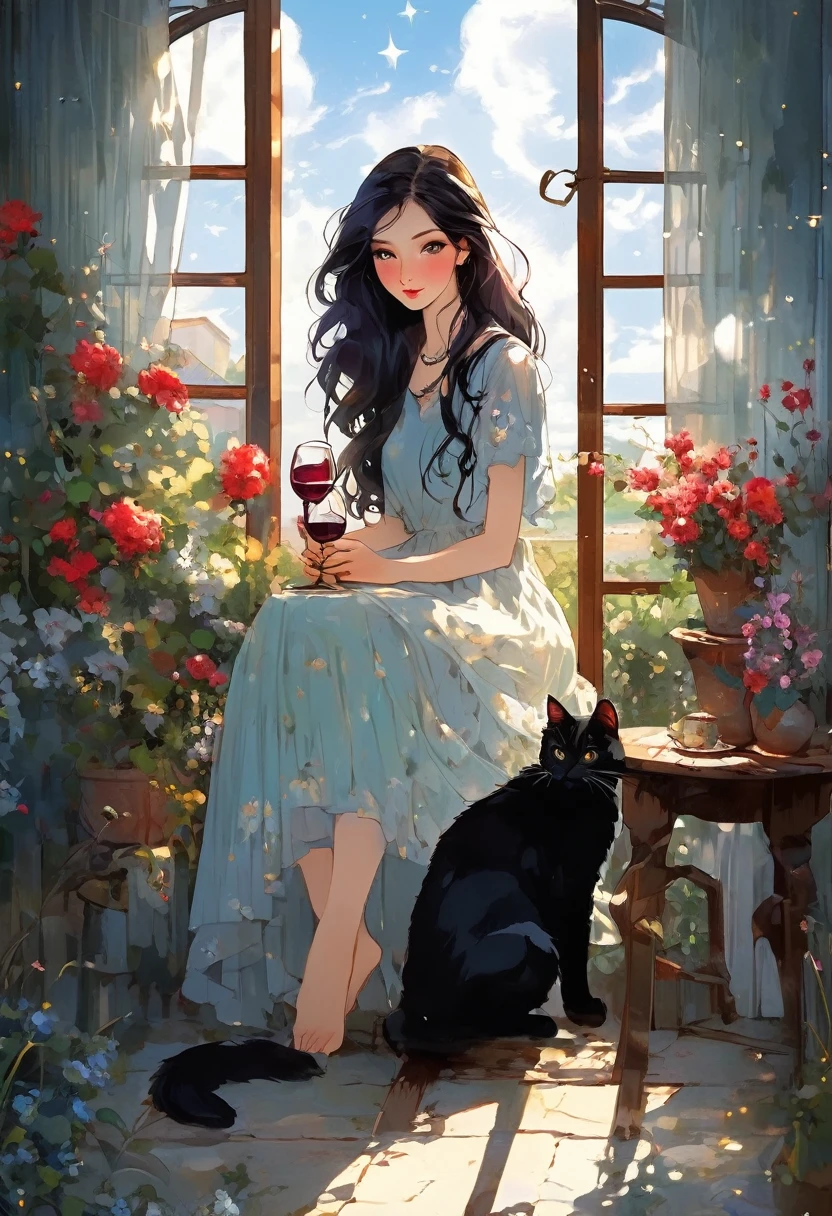 beautiful woman, (((full body))), ((background outdoor house)), (best quality), 1girl, solo A room with glass windows, curtains, a young woman with long black hair, red hair , White eyes with red pupils stare at sky, sitting on a chair, She is sitting and drink wild in front of the house., There are flowers, flower pots, a table, a wine glass, a wine bottle, a lamp, a black cat, Outside the window, there is a dark sky and stars.