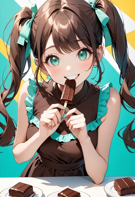 masterpiece, top quality, top image quality, detailed, beautiful, cute, art, one girl, girl eating a chocolate mint popsicle, sm...