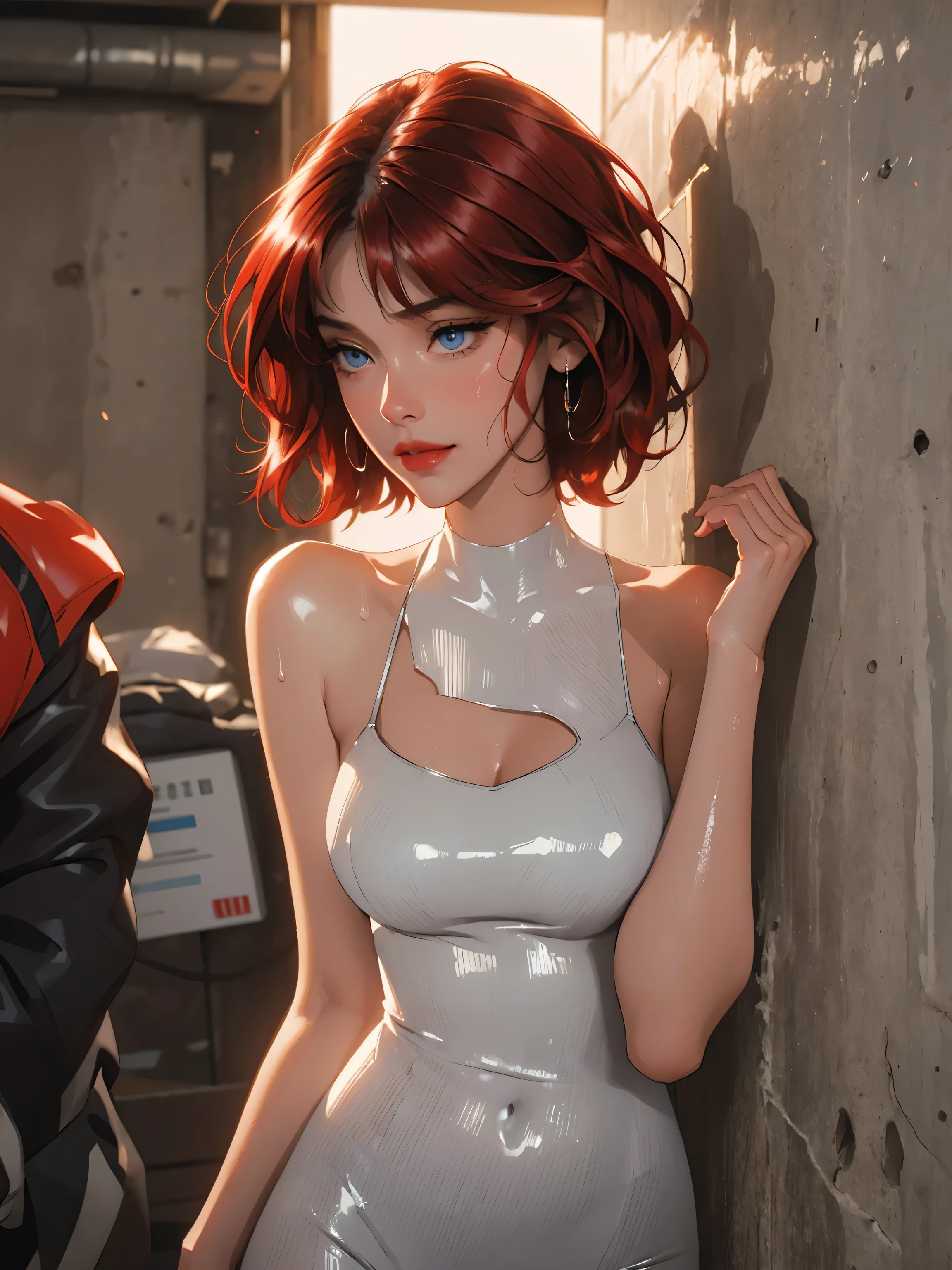 1girl,a beautiful fashion model ,(masterpiece, detailed background, best quality),short and shiny hair, red hair, hair with highlights, bangs, smirk,juicy lips,red lips, calmart, lingerie, stripping, elegant makeup, blue eyes, full body shot, (shiny skin), cyberpunk, sci fi, boa, extravagant jewelry, cocky expression, covered in jewelry, fancy, club outfit, shiny skin, wet skin. running hand through hair, leaning on wall, hair flip, sweat, dj, lights, beat spins you round