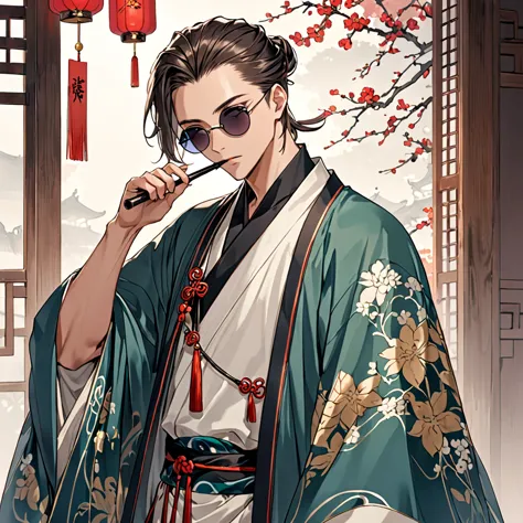 beautiful man、hairstyle with forehead、wearing round sunglasses、holding a pipe、chinese clothing、a haori draped over one&#39;s sho...