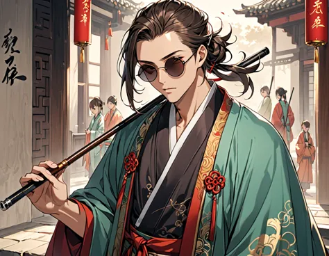 beautiful man、hairstyle with forehead、wearing round sunglasses、holding a pipe、chinese clothing、a haori draped over one&#39;s sho...