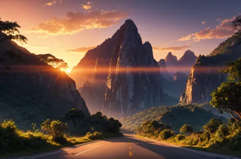 masterpiece, enhancer image, simetric, ultra realistic, cinematic light, sunset, road, jungle landfield, montains