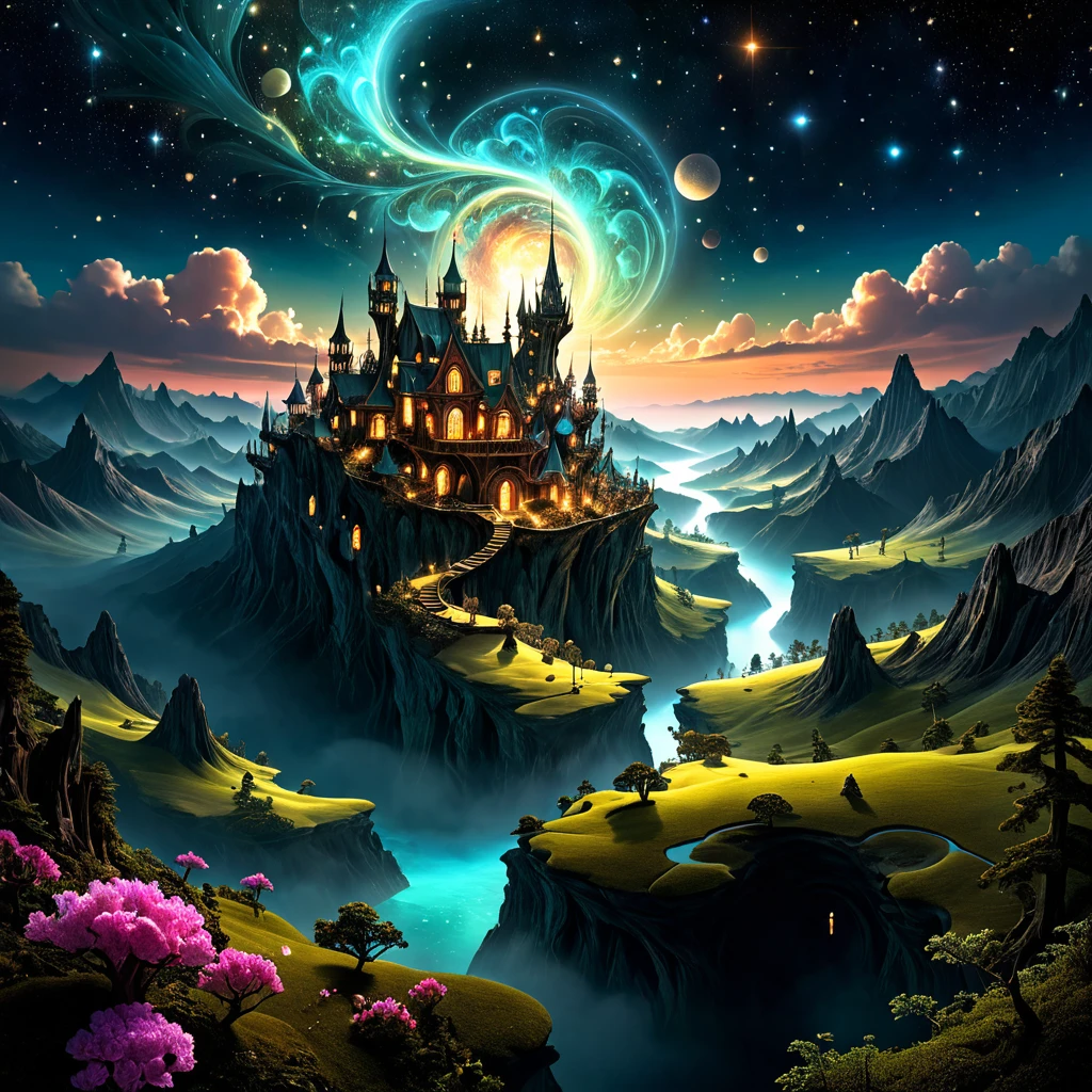 Dreamscape a fractal miniature Fantasy landscape floating freely in space,mysteriousな,RAW Photos,High resolution,Dramatic lighting,Low Light,Subtle lighting style,. Surreal, Mysterious, dream-like, mysterious, Fantasy, Very detailed