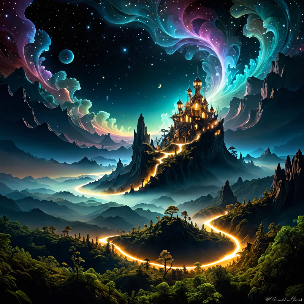 Dreamscape a fractal miniature Fantasy landscape floating freely in space,mysteriousな,RAW Photos,High resolution,Dramatic lighting,Low Light,Subtle lighting style,. Surreal, Mysterious, dream-like, mysterious, Fantasy, Very detailed