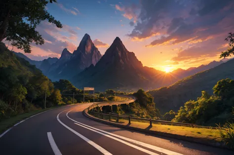 masterpiece, enhancer image, simetric, ultra realistic, cinematic light, sunset, road, jungle landfield, traffic sign, montains