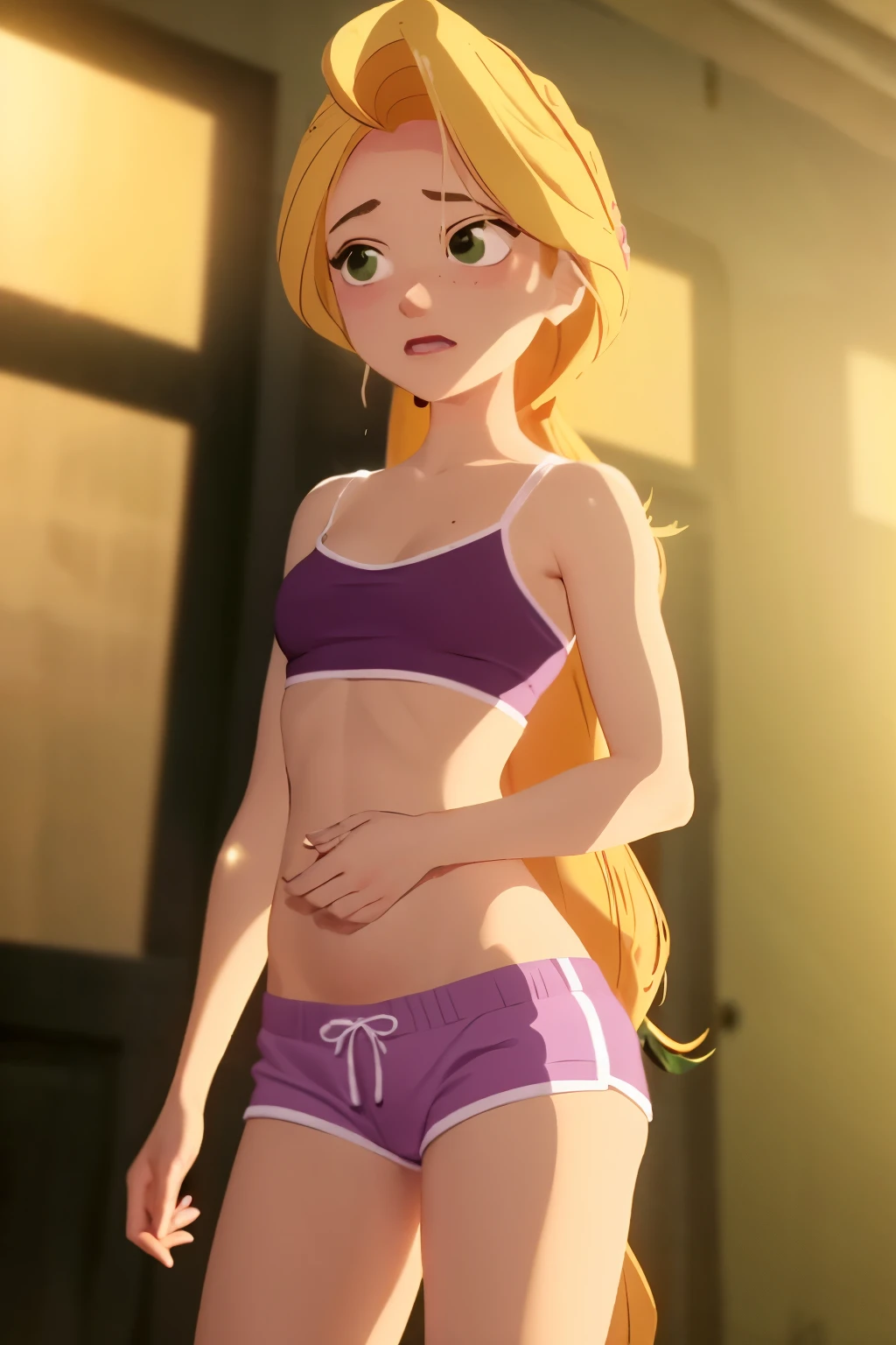 ((Small breasts, tomboy girls, , small head)), nighttime, moonlight, (chiseled abs : 1.1), (perfect body : 1.1), (very long wavy hair : 1.2) , blonde hair, green eyes, collar, full body shot, crowded street, wearing short thin white tanktop, ((purple tight athletic short shorts)), (extremely detailed CG 8k wallpaper), (an extremely delicate and beautiful), (masterpiece), (best quality:1.0), (ultra highres:1.0),  beautiful lighting ,perfect lightning, realistic shadows, [highres], detailed skin, ultra-detailed, wet skin, wet clothes,  wet hair, nude, 