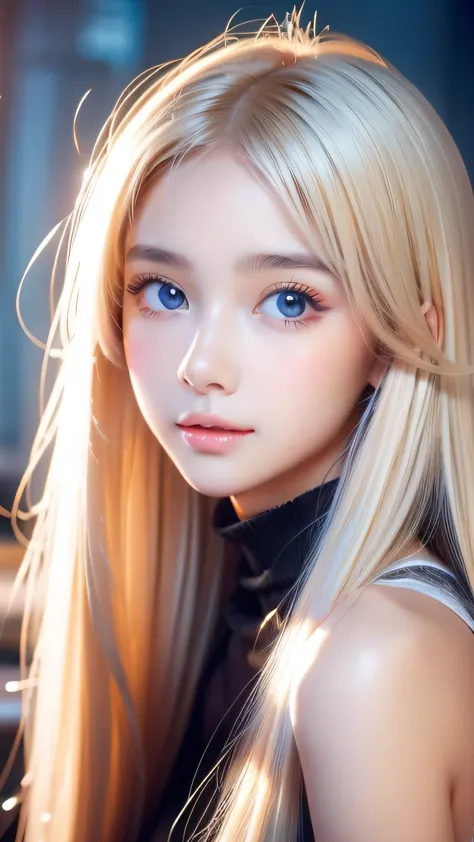 the cutest girl in the world、bright expression、very messy hair, her bright, straight platinum blonde hair is so beautiful and da...