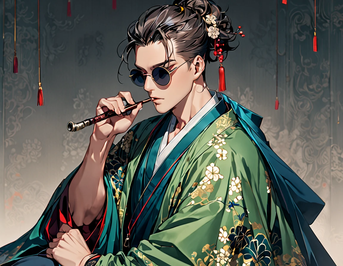 Beautiful man、Hairstyle with forehead、short hair、He has round sunglasses on his head、Holding a pipe、Wearing Chinese clothing and a haori draped over his shoulders、sexy、