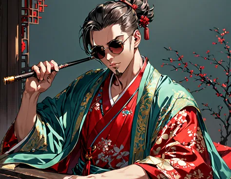 beautiful man、hairstyle with forehead、short hair、he has round sunglasses on his head、holding a pipe、wearing chinese clothing and...