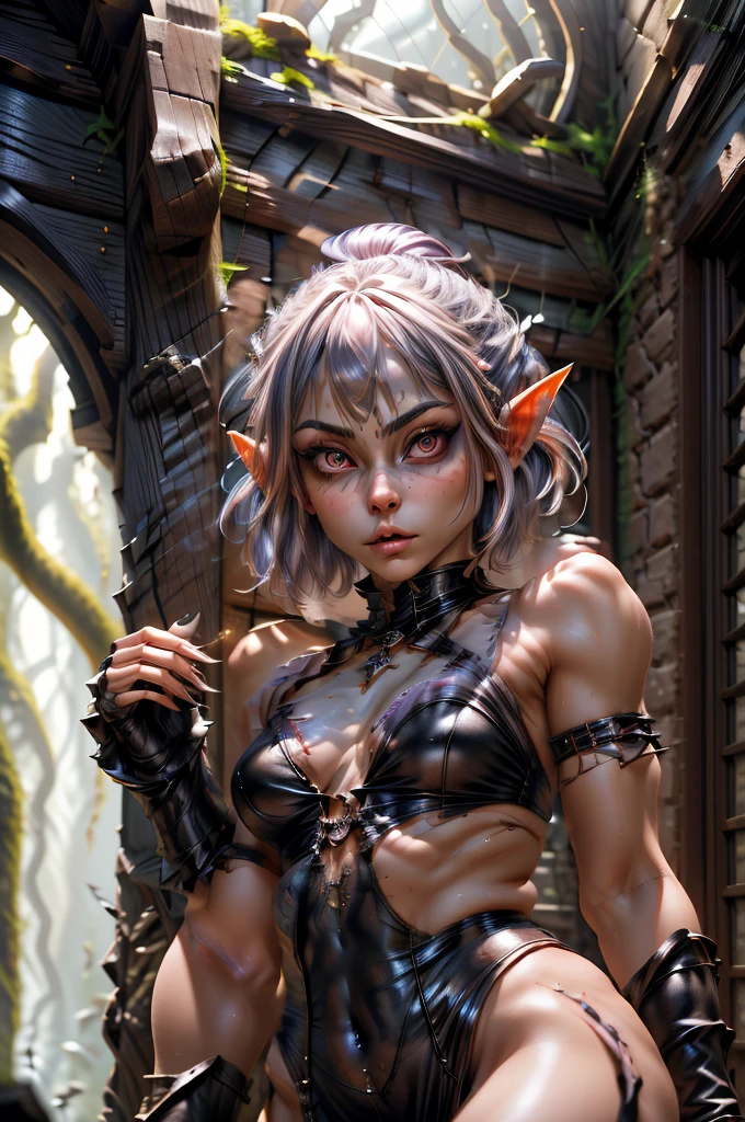 A close-up portrait of a beautiful female gnome character with sabrina, lavender hair, short hair and blunt bangs. She has a serious, determined expression with highly detailed and expressive eyes, delicate features, sensual lips, and flawless complexion. The character is wearing a fantasy black leather armor with long claws and long nails, appearing as a rogue or fighter. The scene is set in a fantasy environment, possibly inside stone chambers with beautifully adorned columns, creating an ethereal, dreamy and romantic atmosphere. The lighting is warm and glowing, with a soft focus and gentle breeze, giving the image a filmic, summer vibes aesthetic. The character's feminine posture and graceful movements are seamlessly integrated with the detailed background, resulting in a visually stunning and professional-quality artwork.