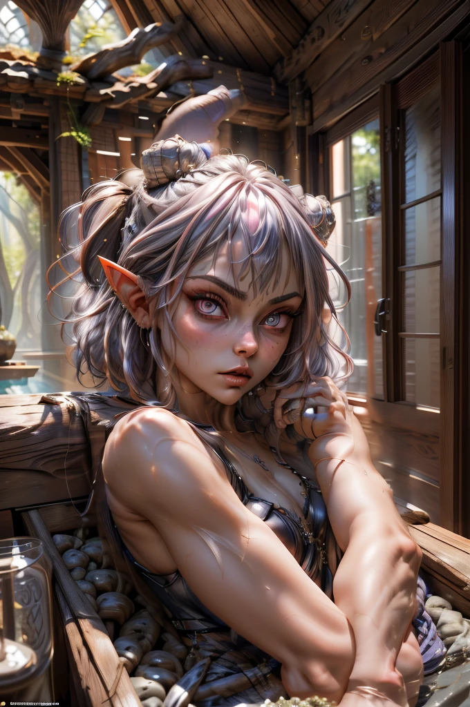 A close-up portrait of a beautiful female gnome character with sabrina, lavender hair, short hair and blunt bangs. She has a serious, determined expression with highly detailed and expressive eyes, delicate features, sensual lips, and flawless complexion. The character is wearing a fantasy black leather armor with long claws and long nails, appearing as a rogue or fighter. The scene is set in a fantasy environment, possibly inside stone chambers with beautifully adorned columns, creating an ethereal, dreamy and romantic atmosphere. The lighting is warm and glowing, with a soft focus and gentle breeze, giving the image a filmic, summer vibes aesthetic. The character's feminine posture and graceful movements are seamlessly integrated with the detailed background, resulting in a visually stunning and professional-quality artwork.