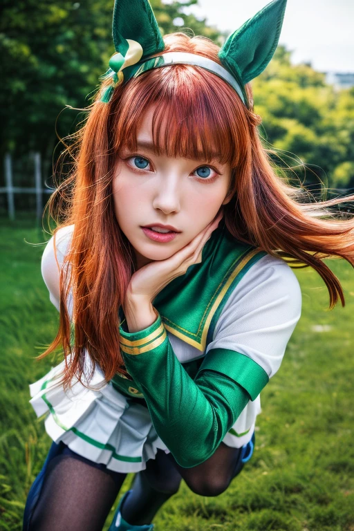 (Realistic, photo-Realistic:1.4), (masterpiece, Highest quality:1.2), RAW Photos, High resolution, Intricate details, Very detailed, Sharp focus, alone, One person, Teenage Japanese Girl, (Foundation, Long Hair, Redhead, Animal ears, Ear coverings, White hair band, Horse tail, Green sailor collar, Black Bow, White shirt, Layered sleeves, Green Sleeves, Black gloves, White Skirt, Black Pantyhose:1.2), shoes, (running:1.5), (Detailed face, Beautiful attention to detail, Beautiful Eyes, Refined nose), Pale skin, Photo Background, Outdoor, Grass,Super beautiful face,cute