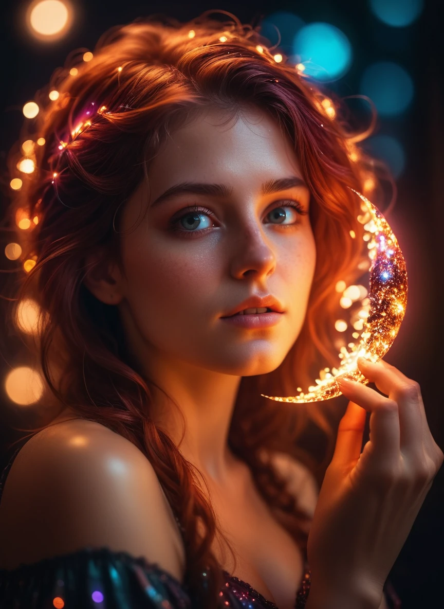 by Esaias van de Velde, ral-embrglt macro photo, a Insane woman, glowing lights, beautiful magical sparkles, Eclipse of Fire, vibrant whimsical colors, riarmoody lighting,Sharp and in focus,8k, Visual novel,Moody lighting,