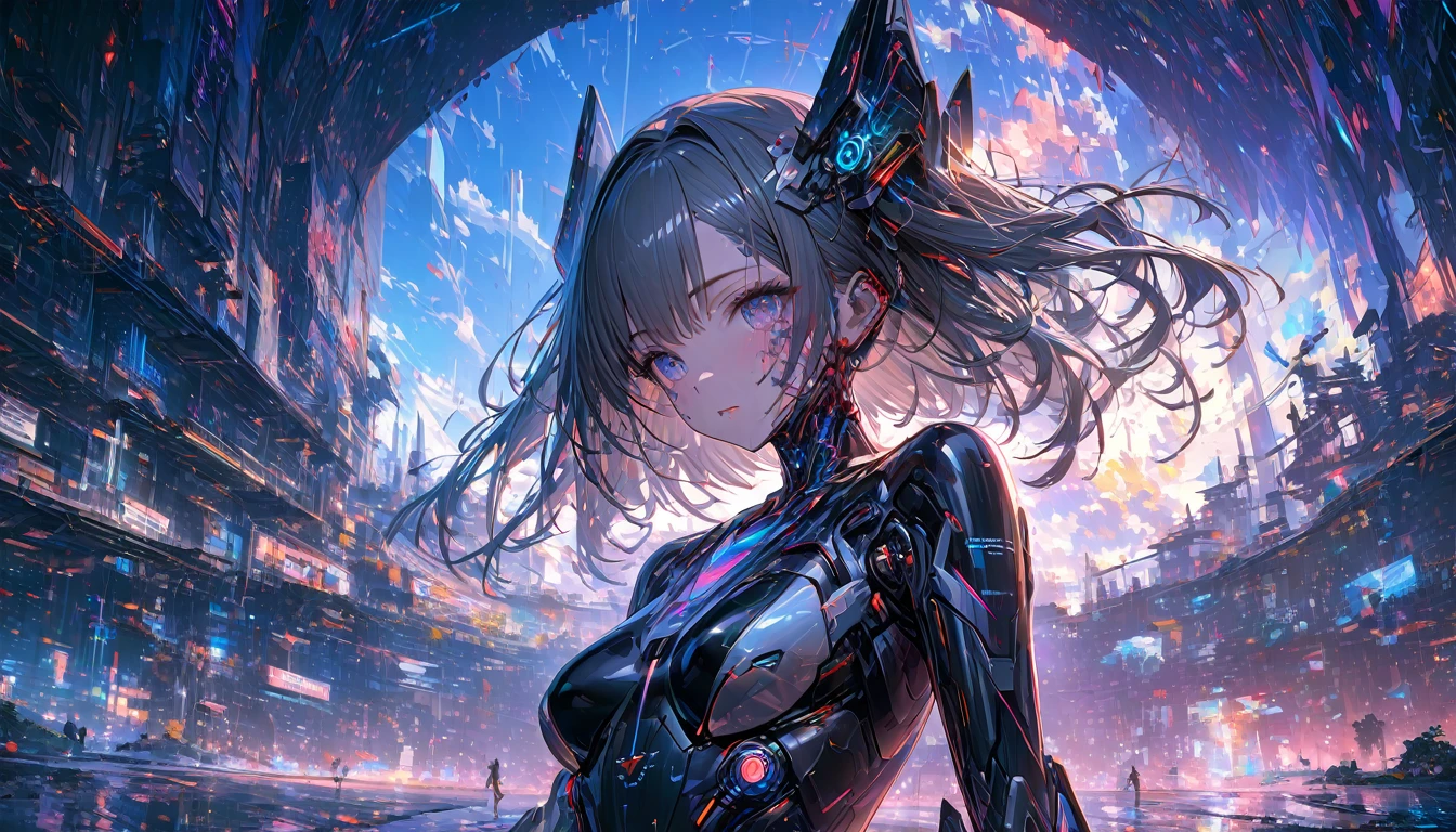 A beautiful futuristic cyborg girl with neural network hair, parted lips, Futurism, Ultra-high resolution, Super Detail, Highest quality, 8k , ,Dynamic Angle, Morning sunshine