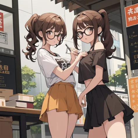 two girls，one wears large round glasses with thick frames，brown hair，double ponytail curly hair，student，short skirt。
a girl has ...