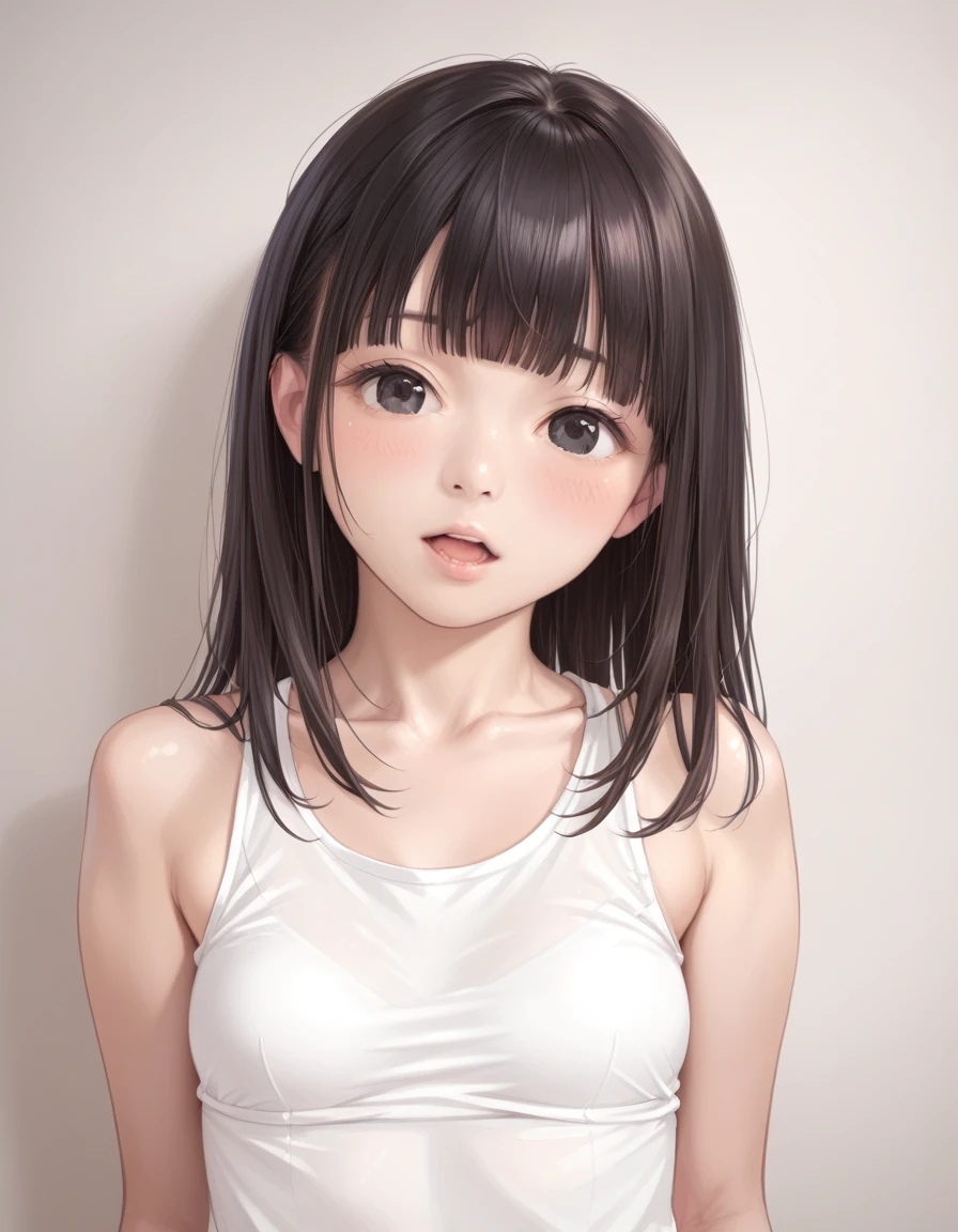 (score_8, score_8_up,source_anime,masterpiece,highest quality,Perfect Anatomy,Exquisite detailed:1.1)(raw photo,photo realistic:1.3)(1 girl:1.1)Japanese,black eyes,black hair,Blunt bangs,cute face,small breasts,tank top(half close eyes:0.5)blush,open mouth,face shot