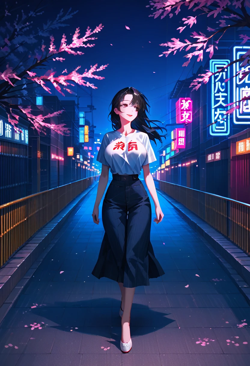 masterpiece, high quality, 16k resolution, detailed, beautiful anime girl, (large breasts), slender waist, pale skin, black hair, fine hair, simple clothing, white T-shirt, no accessories, (looking away:1.4), (walking in neon-lit night city), spring season, comfortable weather, discovering beautiful night cherry blossoms, neon lights, joyful expression, looking up at cherry tree, stunning smile, beautiful eyes, delicate face, artistic, emotional depth, serene atmosphere, detailed background, breathtaking beauty, (MrKb), full body shot