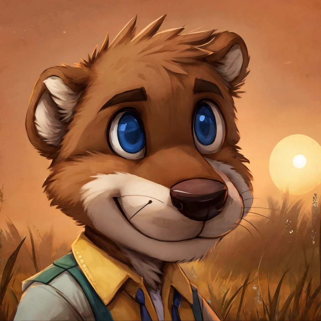 A close-up of an anthropomorphic and cute otter, happy, blue eyes, dressed with casual clothes, closed smile, bright sky background, high quality furry art, chibi style.