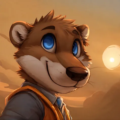 a close-up of an anthropomorphic and cute otter, happy, blue eyes, dressed with casual clothes, closed smile, bright sky backgro...