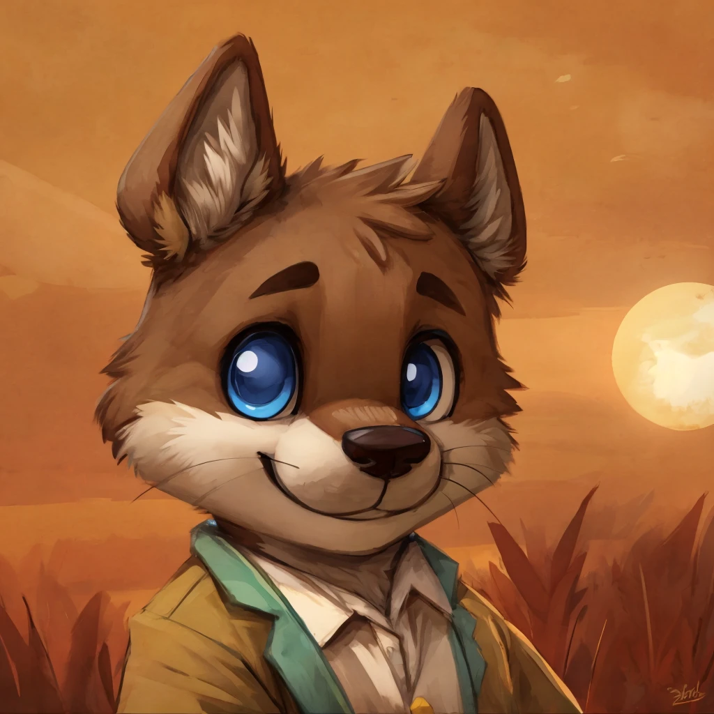 A close-up of an anthropomorphic and cute otter, happy, blue eyes, dressed with casual clothes, closed smile, bright sky background, high quality furry art, chibi style.