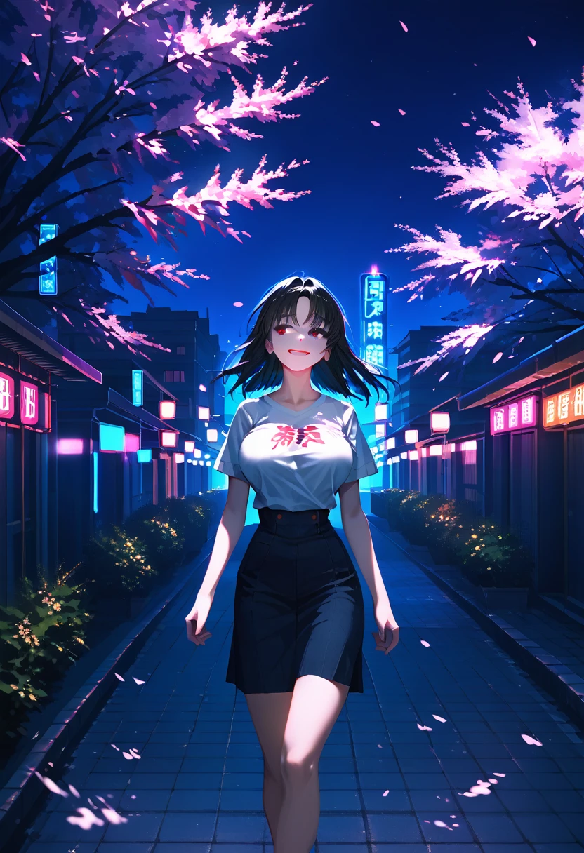 masterpiece, high quality, 16k resolution, detailed, beautiful anime girl, (large breasts), slender waist, pale skin, black hair, fine hair, simple clothing, white T-shirt, no accessories, (looking away:1.4), (walking in neon-lit night city), spring season, comfortable weather, discovering beautiful night cherry blossoms, neon lights, joyful expression, looking up at cherry tree, stunning smile, beautiful eyes, delicate face, artistic, emotional depth, serene atmosphere, detailed background, breathtaking beauty, (MrKb), full body shot