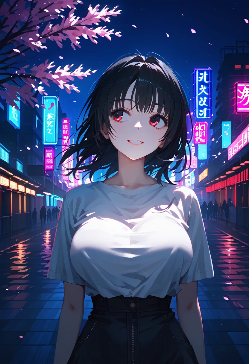 masterpiece, high quality, 16k resolution, detailed, beautiful anime girl, (large breasts), slender waist, pale skin, black hair, fine hair, simple clothing, white T-shirt, no accessories, (looking away:1.4), (walking in neon-lit night city), spring season, comfortable weather, discovering beautiful night cherry blossoms, neon lights, joyful expression, looking up at cherry tree, stunning smile, beautiful eyes, delicate face, artistic, emotional depth, serene atmosphere, detailed background, breathtaking beauty, (MrKb), full body shot