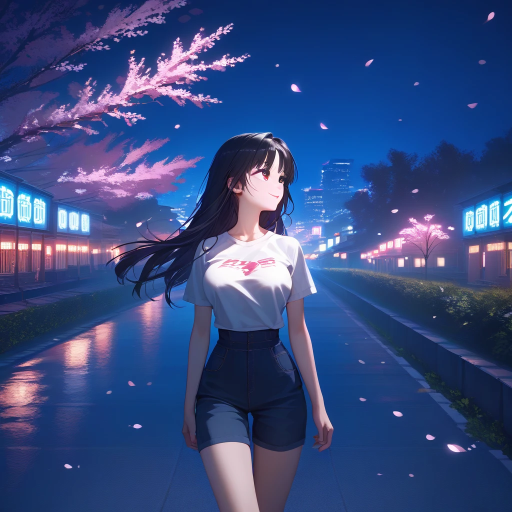 masterpiece, high quality, 16k resolution, detailed, beautiful anime girl, large breasts, slender waist, pale skin, black hair, fine hair, simple clothing, white T-shirt, no accessories, (looking away:1.4), (walking in neon-lit night city), spring season, comfortable weather, discovering beautiful night cherry blossoms, neon lights, joyful expression, looking up at cherry tree, stunning smile, beautiful eyes, delicate face, artistic, emotional depth, serene atmosphere, detailed background, breathtaking beauty, (MrKb), full body shot