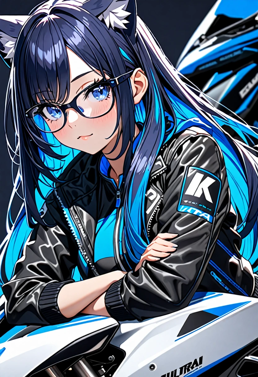 8K Ultra High-Quality, ultra-detailed, High quality, 2, Dark Blue hair, Neon Blue Inner layer hair, Long hair, Cat ears, jacket, glasses, arm crossed, sports bike, close ups