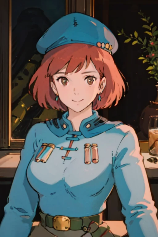 masterpiece, high quality, 1girl,, (masterpiece:1.4), (best qualit:1.4), (high resolution:1.4), 1girl, redhead, big breasts, muscular body, brown eyes, smile, Nausicaa, sit on a chair, colorful, upper body, ghibli style, sfw,  facing the viewer, looking at the viewer, blue uniform, blue skirt, belt, (blue beret)