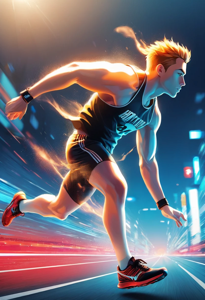 Dynamic male athlete sprinting on an urban track, captured from a low angle with a motion-blurred background. The foreground features Anta running shoes in sharp focus, highlighting their stylish design and bold red accents. The athlete’s muscular legs are visible, conveying power and speed. The city skyline on the horizon and the dawn sky cast a warm golden glow. The words ‘Never Stop’ are integrated into the track lanes with a warped perspective. The ‘Anta’ logo appears in the top right corner in a modern sans-serif font. The dynamic patterns on the shoes complement the lines in the composition of the poster. A cool blue-toned background contrasts with the warm highlights on the shoes and the athlete. Lens flare effects add energy, and small sweat droplets in the air enhance realism. The secondary text ‘Push Your Limits’ is outlined on the side of the shoe. A subtle texture overlay mimics breathable shoe material. Created using: sports photography, action capture, urban landscapes, dawn lighting, perspective text, product showcase, high contrast, sports aesthetics, HD quality, vibrant style