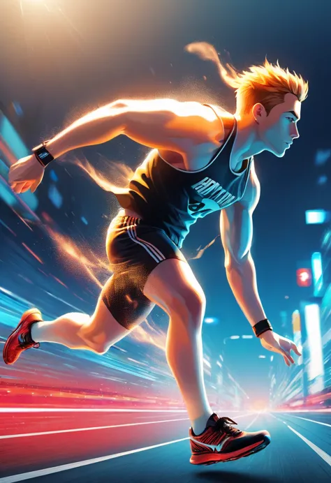 dynamic male athlete sprinting on an urban track, captured from a low angle with a motion-blurred background. the foreground fea...