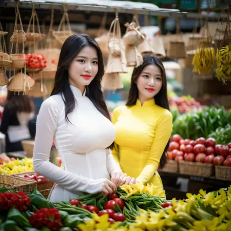 ((red ao dai with yellow patterns, big breasts, beautiful breasts, located at the market, 8k quality photo with good details))