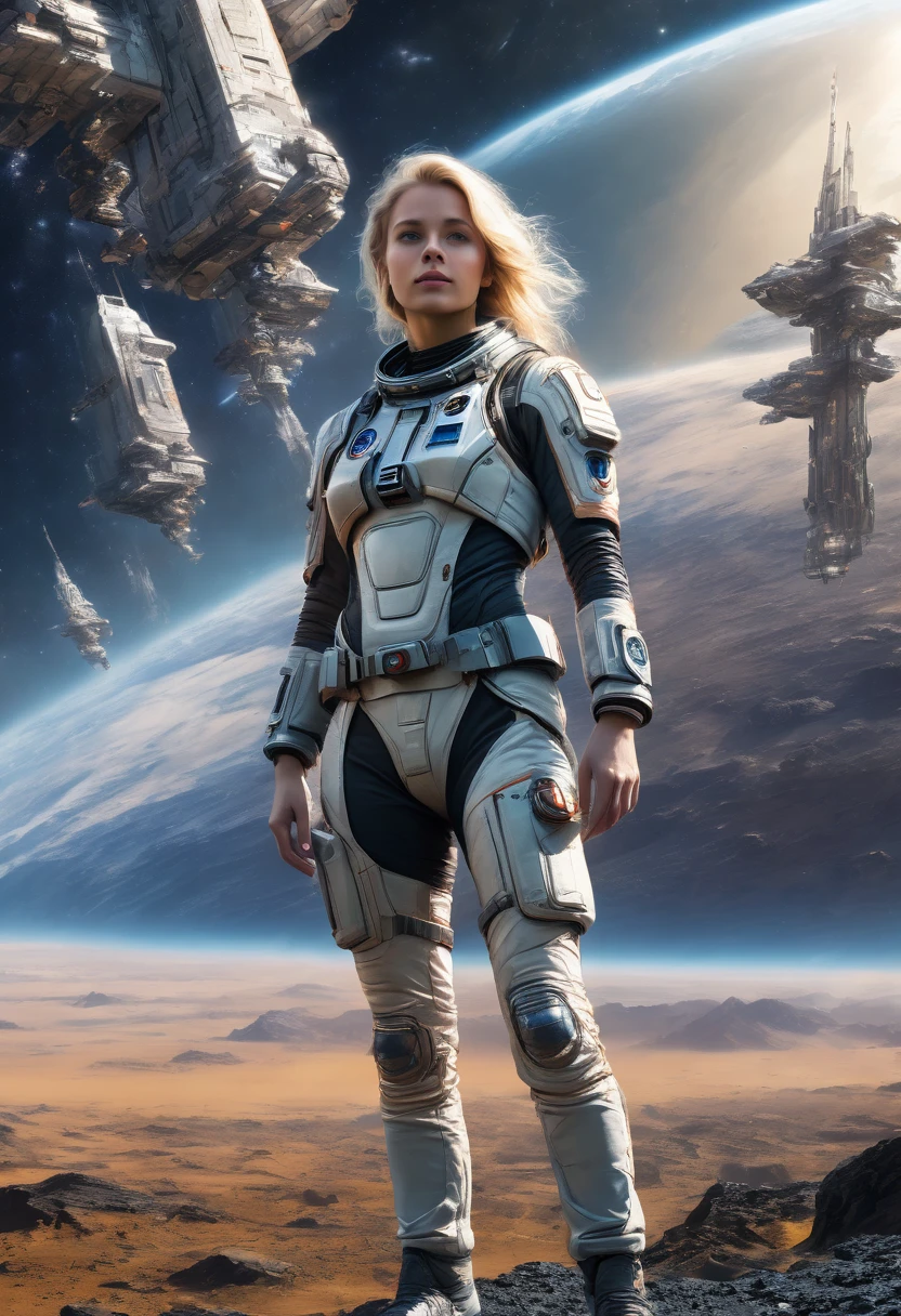 Masterpiece, a beautiful 2 German blonde girl, solitary female astronaut, desolated planet landscape, space and stars, electric atmosphere, utility belt, Metallic Gray Zinc, sci-fi, ultra high res.photorealistic, 16k, UHD, HDR, the best quality, body-tight astronaut suit, intricate, the most fantastic details, RAW, dramatic lighting, full body, space ships in the sky, realistic reflections, sunrise, to scale, lonely, determined, dynamic posture, a space military compound in the background