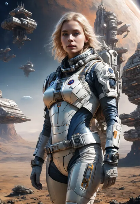 masterpiece, a beautiful 2 german blonde girl, solitary female astronaut, desolated planet landscape, space and stars, electric ...