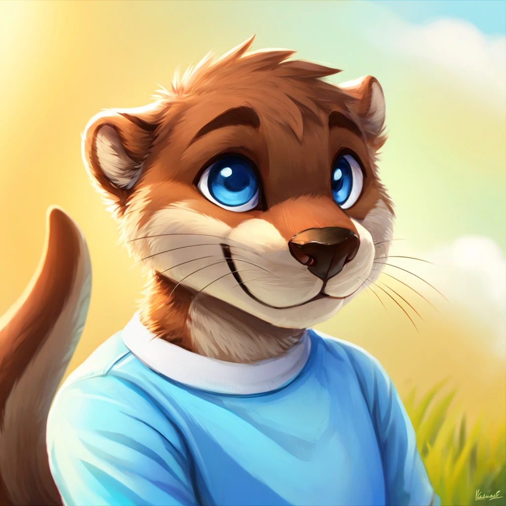 A close-up of an anthropomorphic and cute otter, happy, blue eyes, dressed with casual clothes, closed smile, bright blue sky background, high quality furry art.