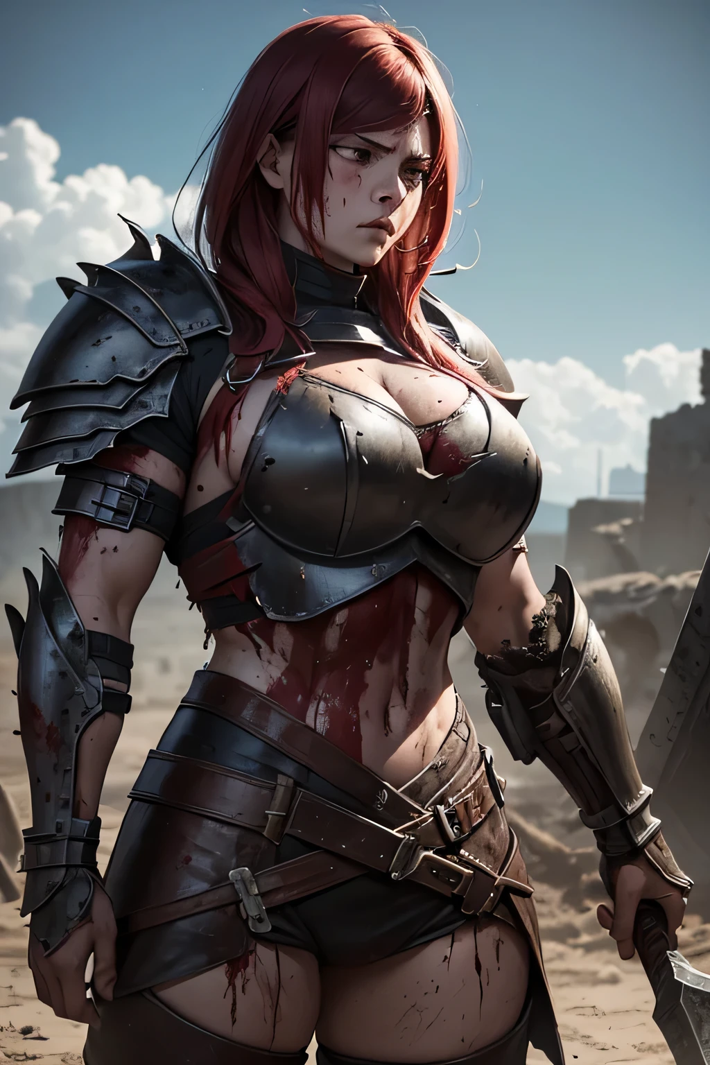 "A muscular female heavy-armored warrior, her scratched and blood-splattered plate armor caked with mud, Her face, streaked with sweat, blood, and dirt, shows the toll of battle as she takes a deep breath, gripping her massive axe, standing firm after a brutal fight