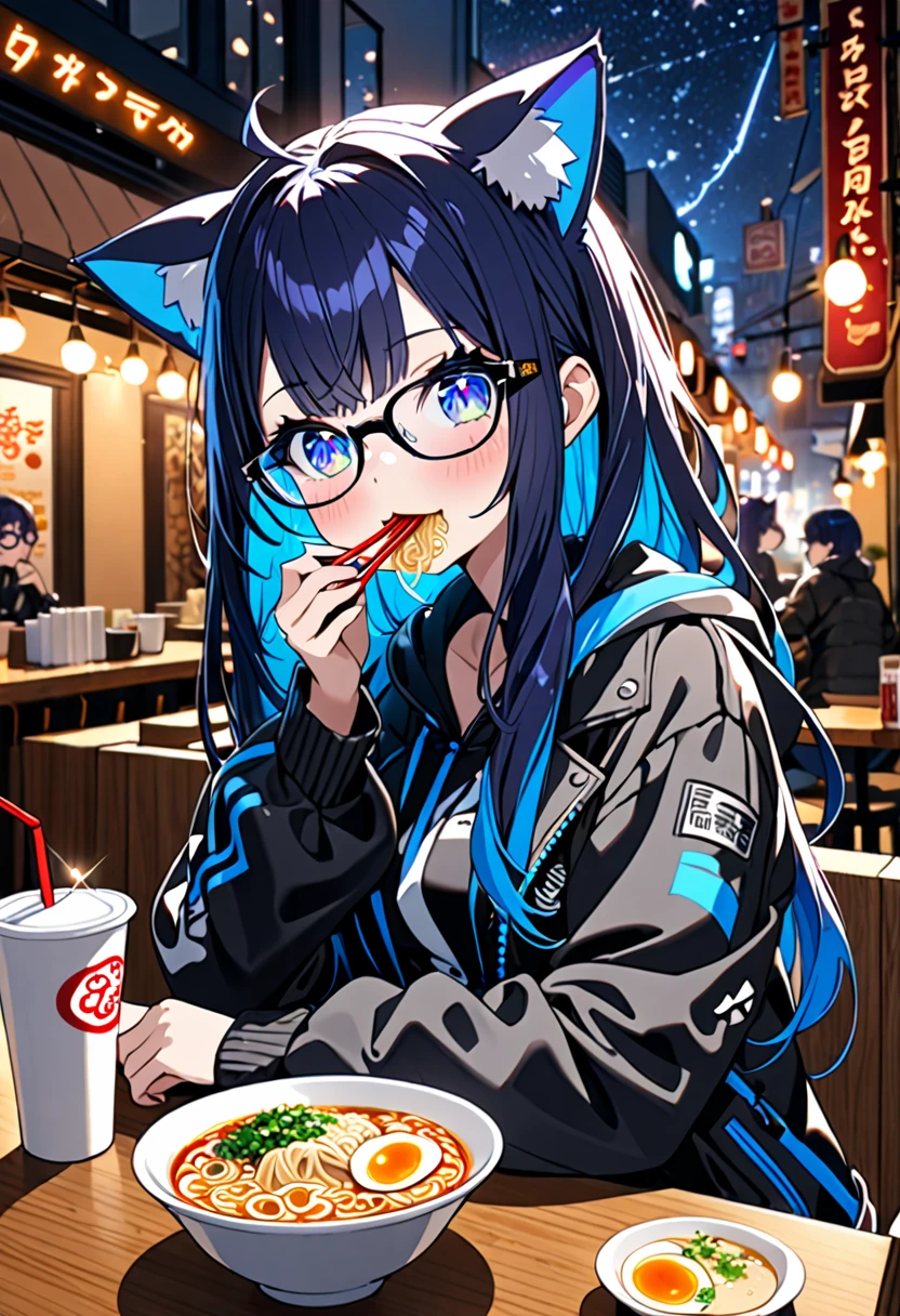 8K Ultra High-Quality, ultra-detailed, High quality, Dark Blue hair, Neon Blue Inner layer hair, Long hair, Cat ears, jacket, sparkle eyes, glasses, full body, restaurant, eating ramen
