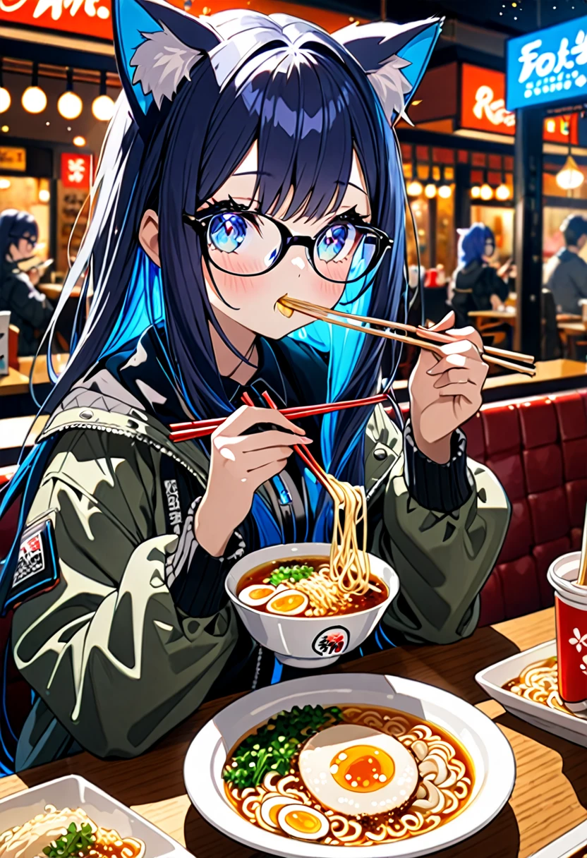 8K Ultra High-Quality, ultra-detailed, High quality, Dark Blue hair, Neon Blue Inner layer hair, Long hair, Cat ears, jacket, sparkle eyes, glasses, full body, restaurant, eating ramen, holding chopsticks
