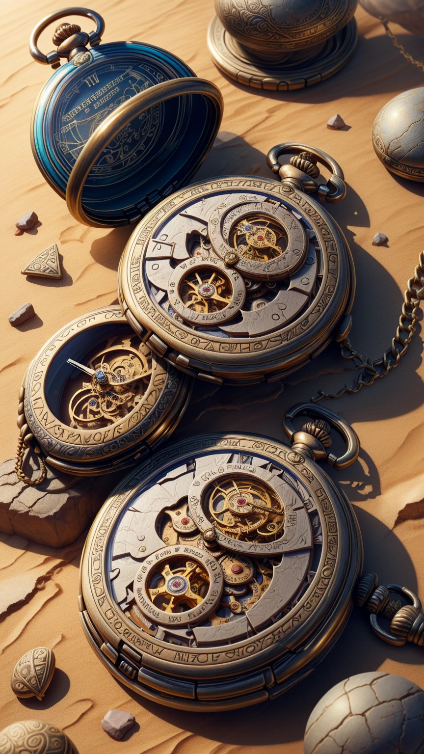 ExpeditionStyle Broken Pocket Watch, colorful, Desert Environment, treasure hunt, AngelicAI Broken Pocket Watch Broken Pocket Watch, (masterpiece:1.3) (最high quality:1.2) (high quality:1.1)