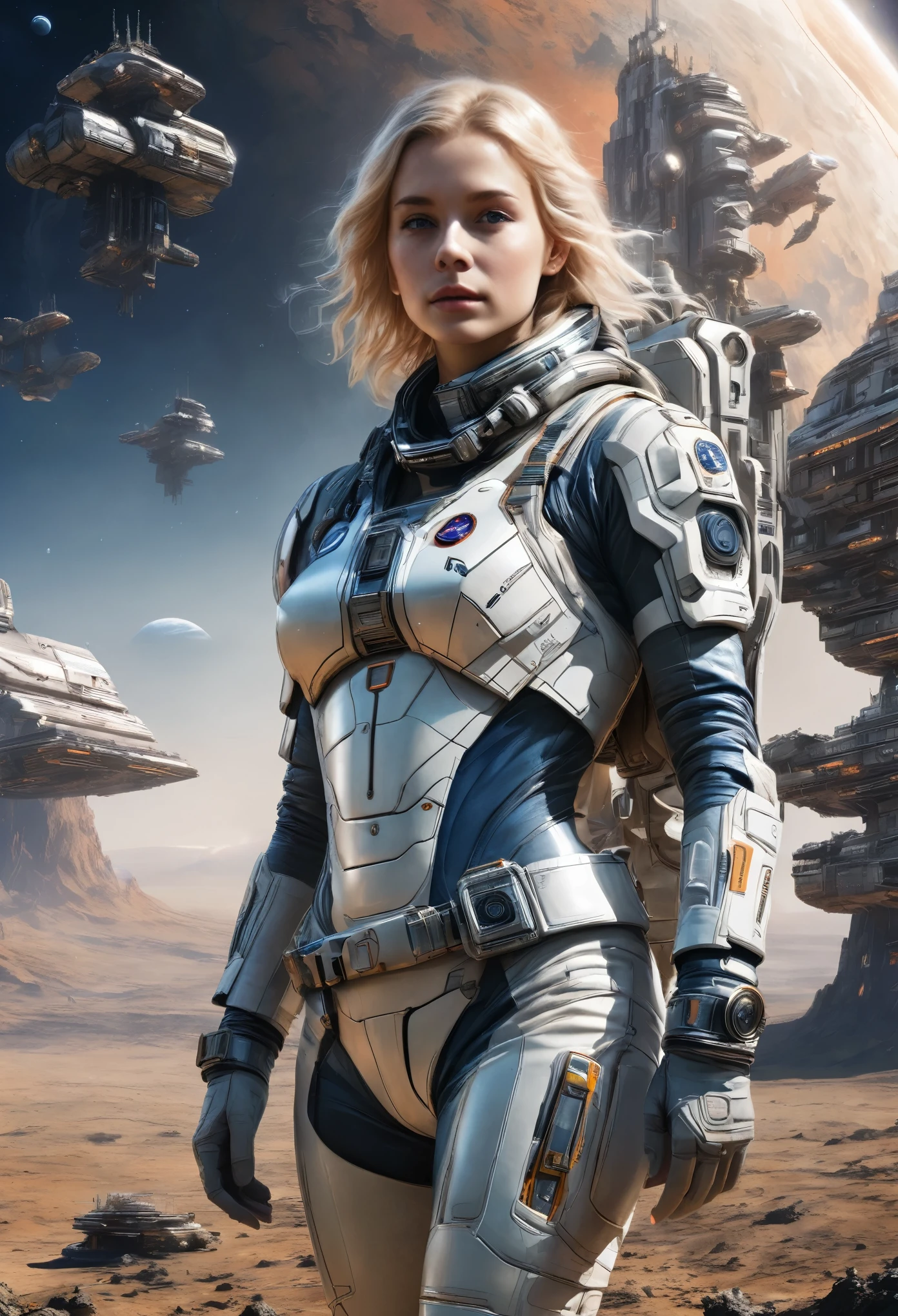 Masterpiece, a beautiful 2 German blonde girl, solitary female astronaut, desolated planet landscape, space and stars, electric atmosphere, utility belt, Metallic Gray Zinc, sci-fi, ultra high res.photorealistic, 16k, UHD, HDR, the best quality, body-tight astronaut suit, intricate, the most fantastic details, RAW, dramatic lighting, full body, space ships in the sky, realistic reflections, sunrise, to scale, lonely, determined, dynamic posture, a space military compound in the background